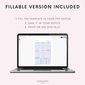 May include: A laptop computer displaying a meal planner template in a PDF editor. The template is divided into sections for each day of the week and includes space for breakfast, lunch, dinner, and snacks. The template is designed to be filled out digitally and printed.