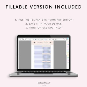 May include: A laptop screen displaying a printable self-care checklist with a light blue background and black text. The checklist is titled "SELF-CARE checklist" and includes a grid of boxes for tracking daily activities. The text "FILLABLE VERSION INCLUDED" is displayed above the laptop.