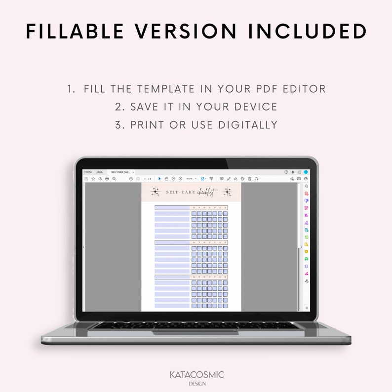 May include: A laptop screen displaying a printable self-care checklist with a light blue background and black text. The checklist is titled "SELF-CARE checklist" and includes a grid of boxes for tracking daily activities. The text "FILLABLE VERSION INCLUDED" is displayed above the laptop.