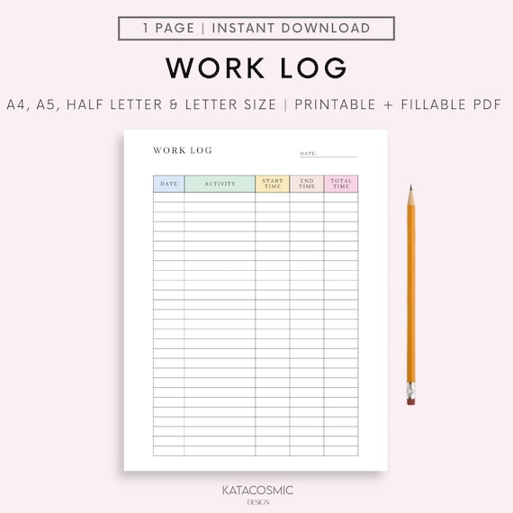 Printable Work | Time Log and Tracker | Activity Hours Log Printable | Digital Download Working Hours Log | Activity Tracker for Work