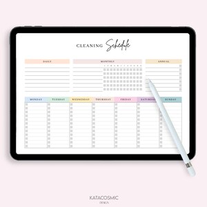 May include: A digital cleaning schedule template displayed on a tablet with a stylus. The template is divided into daily, monthly, and annual sections. The daily section features a list of tasks to be completed each day. The monthly section includes a calendar grid with checkboxes for each day. The annual section has a list of tasks to be completed each year.