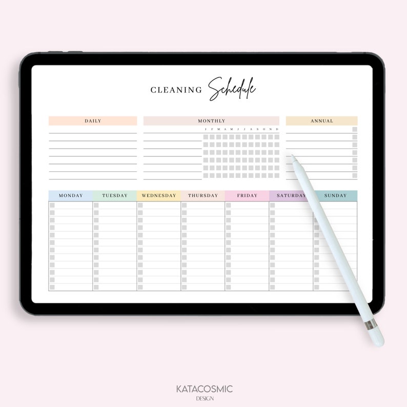 May include: A digital cleaning schedule template displayed on a tablet with a stylus. The template is divided into daily, monthly, and annual sections. The daily section features a list of tasks to be completed each day. The monthly section includes a calendar grid with checkboxes for each day. The annual section has a list of tasks to be completed each year.