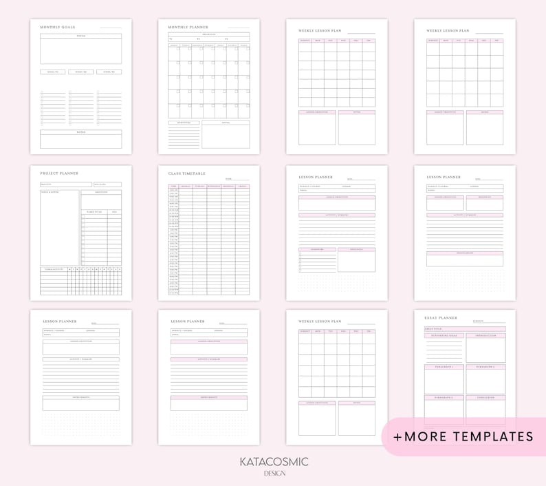 May include: A set of printable planner templates for teachers and students. The templates include a monthly overview, weekly lesson plans, class timetable, project planner, lesson planner, and idea planner.
