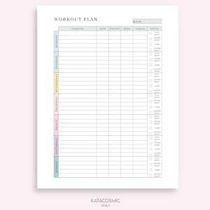 May include: A printable workout plan template with a blank grid for logging exercises, sets, weight, reps, cardio, and focus. The focus options include full body, upper body, core, and lower body.