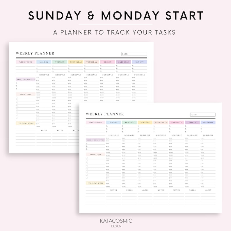 May include: A printable weekly planner with a Sunday and Monday start. The planner has sections for week focus, weekly priorities, to-do list, for next week, and notes. The planner is designed to help you track your tasks.