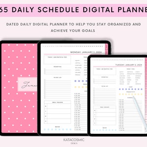 Puede incluir: Un planificador digital con un fondo de lunares rosa. El planificador est&aacute; abierto a las p&aacute;ginas del lunes 1 de enero de 2024 y martes 2 de enero de 2024. El planificador incluye secciones para la gratitud diaria, prioridades, lista de tareas, seguimiento de comidas, ingesta de agua, sue&ntilde;o, productividad y horario.