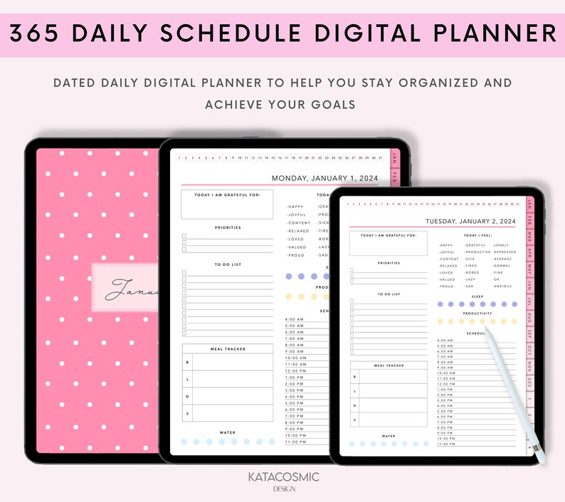 Puede incluir: Un planificador digital con un fondo de lunares rosa. El planificador est&aacute; abierto a las p&aacute;ginas del lunes 1 de enero de 2024 y martes 2 de enero de 2024. El planificador incluye secciones para la gratitud diaria, prioridades, lista de tareas, seguimiento de comidas, ingesta de agua, sue&ntilde;o, productividad y horario.