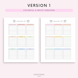 May include: A printable grocery list template with two versions: a colorful version with pastel colors and a white version. The list is divided into categories: fruits & veggies, meat & seafood, bakery & deli, dairy, frozen, pantry, drinks, household, and other.