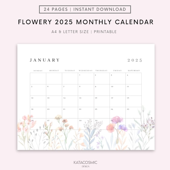 2025 Calendar 2025 Monthly Planner Landscape Colorful Monthly Calendar Sunday & Monday Start 2025 A4 Letter Size Wall Calendar PRINTABLE PDF