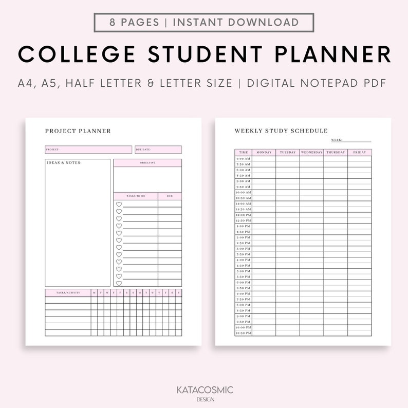 College Student Weekly Planner, Printable Student Planner, College Planner, School Planner, INSTANT DIGITAL DOWNLOAD image 1