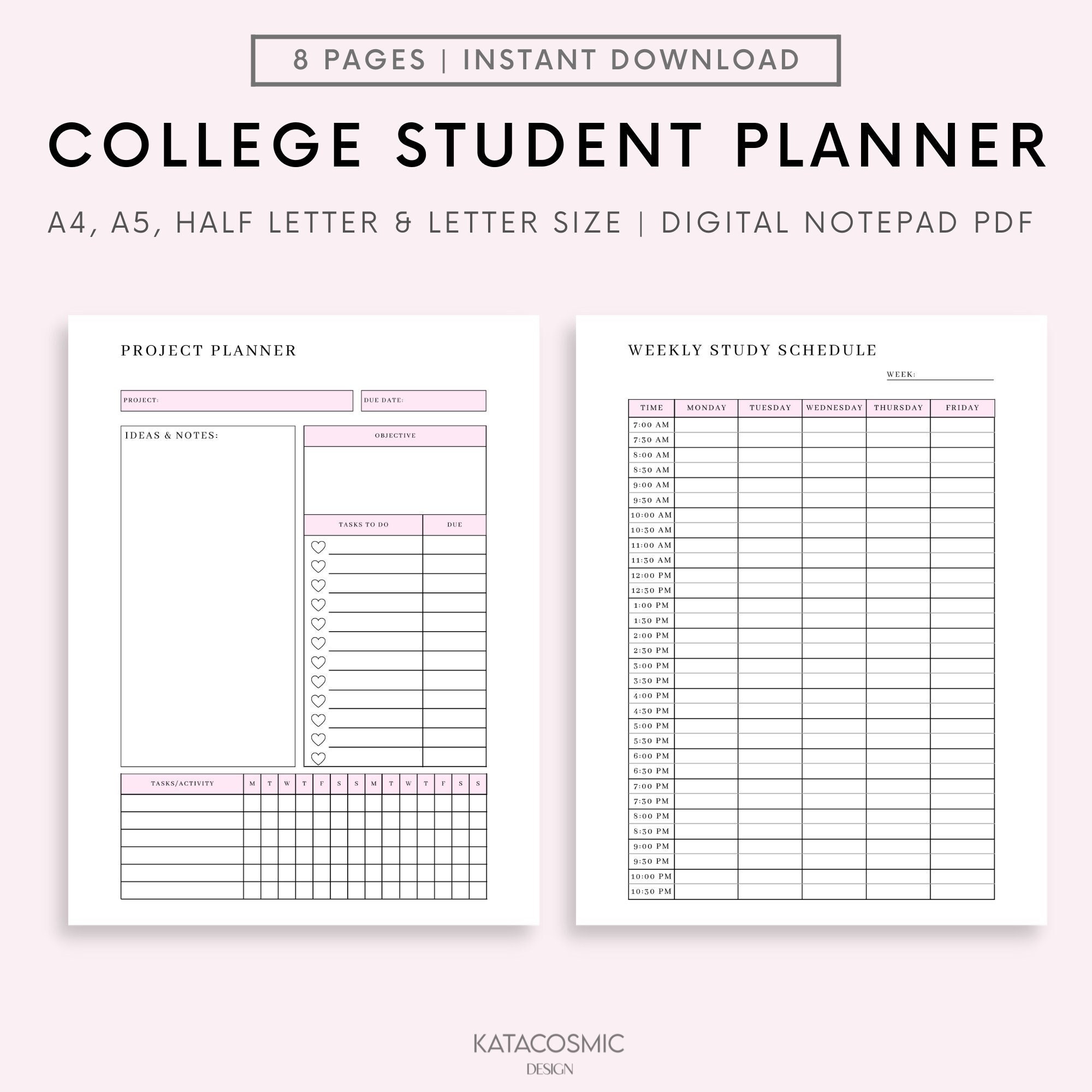 柔らかい College Student Weekly Planner, Printable Student Planner 手帳