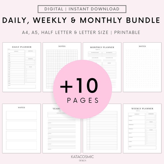 Planner Bundle Printable, Daily Weekly Monthly Planner Bundle, Productivity Planner, To Do List, Notes, A4, A5, Letter, Half Letter Size