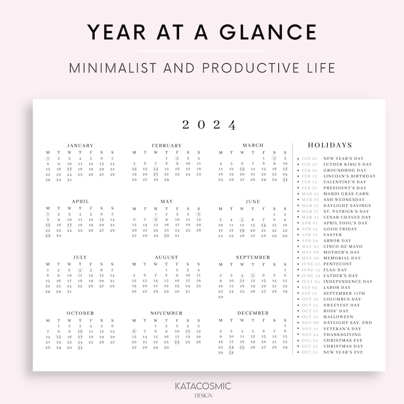2023 2024 Year Calendar With Holidays on One Page Printable - Etsy Canada