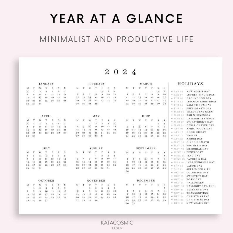 2023 2024 Year Calendar With Holidays on One Page Printable - Etsy Canada