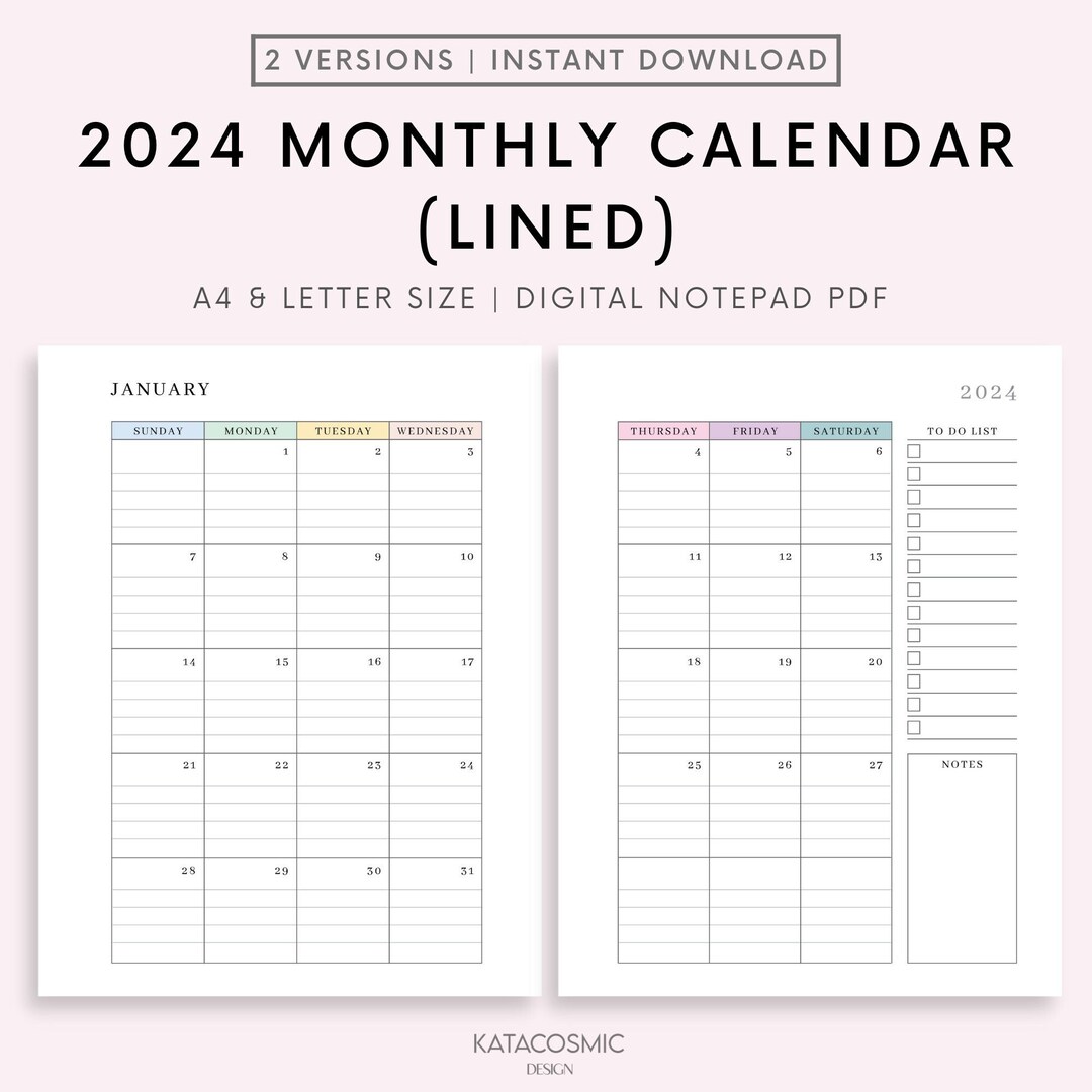 2024 Monthly Lined Calendar Printable, Dated Month on 2 Pages, 2024 ...