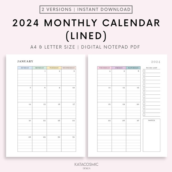 2024 Monthly to Do List on Two Pages, Productivity Monthly Planner  Printable, Monthly Agenda, Sunday/monday Start, A4/a5/letter/half 