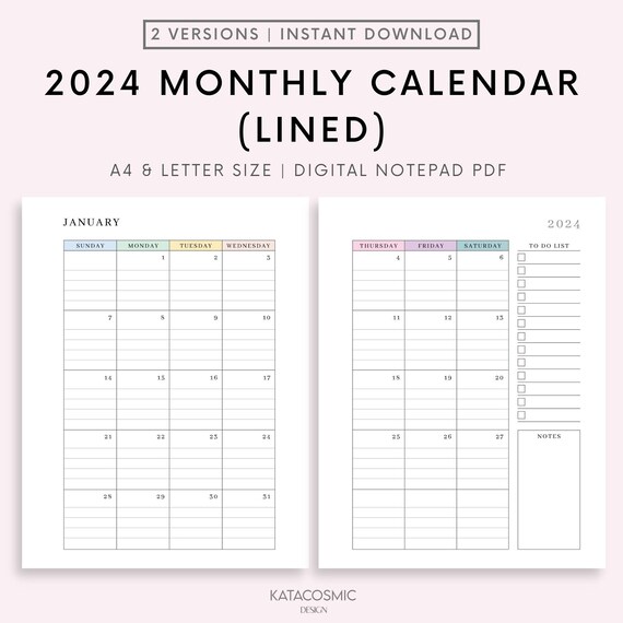 2024 Monthly Lined Calendar Printable, Dated Month on 2 Pages, 2024 Calendar, Month at a Glance, A4/a5/letter/half, Instant Download - Etsy