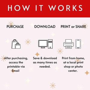 May include: A diagram showing how to purchase, download, and print or share a digital product. The steps are illustrated with icons of a shopping bag, a computer, a printer, and a smartphone.
