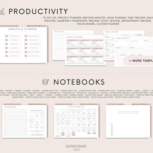 May include: A collection of printable planner templates with a minimalist design. The image features templates for productivity, health and fitness, and notebooks. The templates include to-do lists, goal trackers, and various notebook layouts. The color scheme is primarily white and beige.