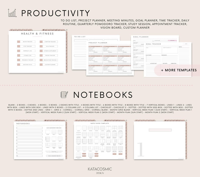 May include: A collection of printable planner templates with a minimalist design. The image features templates for productivity, health and fitness, and notebooks. The templates include to-do lists, goal trackers, and various notebook layouts. The color scheme is primarily white and beige.
