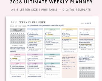Agenda hebdomadaire 2026, paysage imprimable, programme hebdomadaire minimaliste, aperçu de la semaine, agenda hebdomadaire, agenda de bureau, agenda de tâches