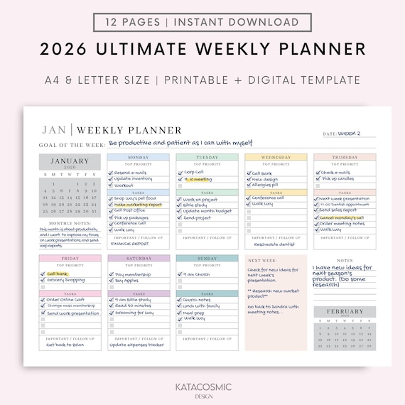 2026 Weekly Planner Printable Landscape, Minimalist Weekly Schedule, Week At a Glance, Weekly Organizer, Office Planner, To Do Desk Planner