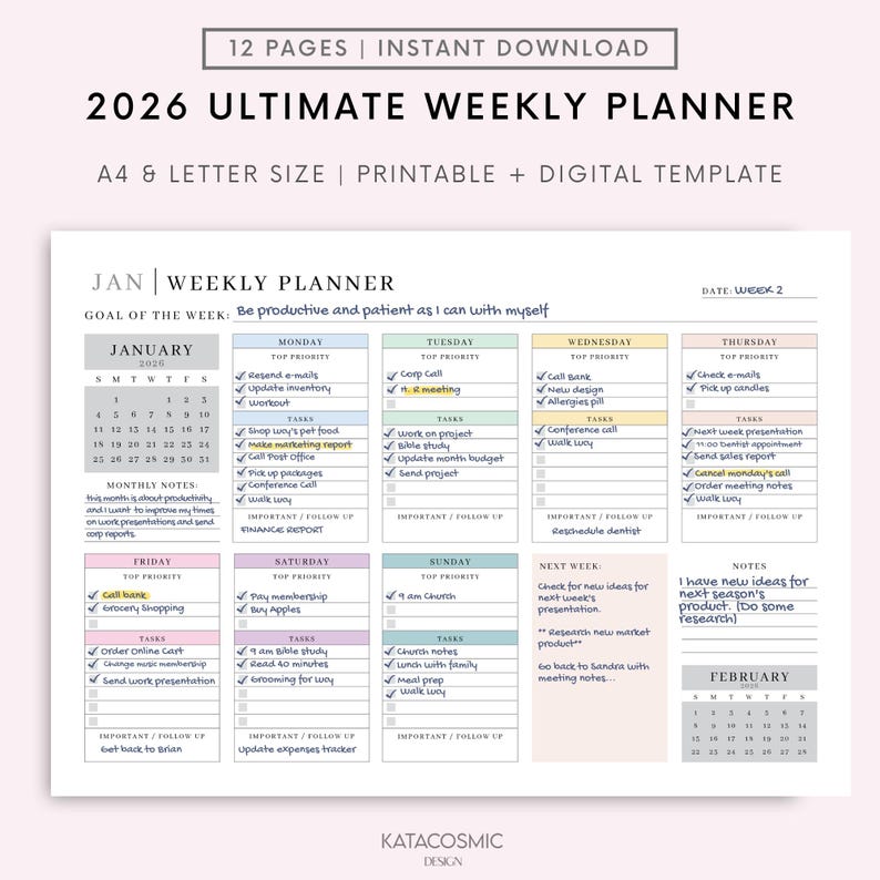 2026 Weekly Planner Printable Landscape, Minimalist Weekly Schedule, Week At a Glance, Weekly Organizer, Office Planner, To Do Desk Planner image 1