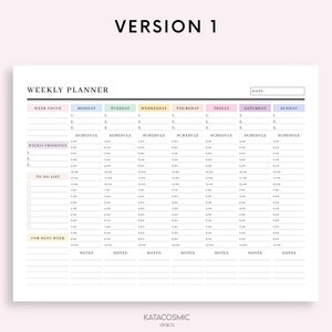 May include: A weekly planner with a simple design. It includes sections for week focus, weekly priorities, to do list, and for next week. Each day of the week has a schedule section with time slots from 5:00 AM to 10:00 PM.