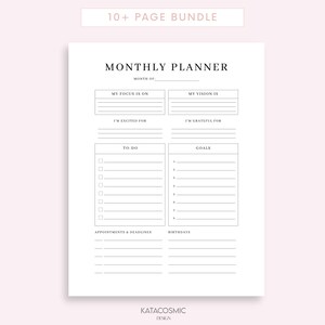 May include: A printable monthly planner page with sections for goals, to-do lists, appointments, birthdays, and personal reflections. The page has a minimalist design with black text on a white background.