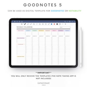May include: A digital weekly planner template for GoodNotes or Notability apps. The template features sections for week focus, weekly priorities, to-do list, and for next week. It includes a daily schedule for Monday through Sunday.