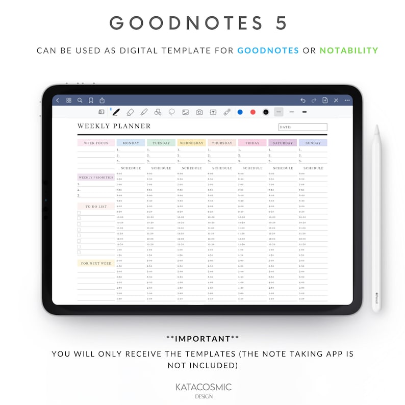 May include: A digital weekly planner template for GoodNotes or Notability apps. The template features sections for week focus, weekly priorities, to-do list, and for next week. It includes a daily schedule for Monday through Sunday.