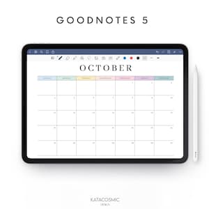 May include: A digital calendar for October displayed on a tablet, with the text "GOODNOTES 5" at the top. The calendar grid is white with pastel-colored headers for each day of the week. A white stylus rests on the right side.