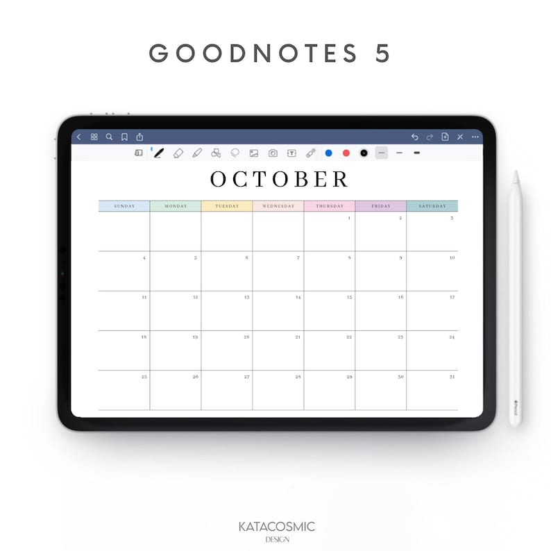 May include: A digital calendar for October displayed on a tablet, with the text "GOODNOTES 5" at the top. The calendar grid is white with pastel-colored headers for each day of the week. A white stylus rests on the right side.