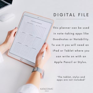 May include: A digital planner displayed on a tablet, featuring a cleaning schedule layout. The tablet is held by a person, with a stylus in hand. Text on the image reads "DIGITAL FILE" and explains the planner's use with note-taking apps.