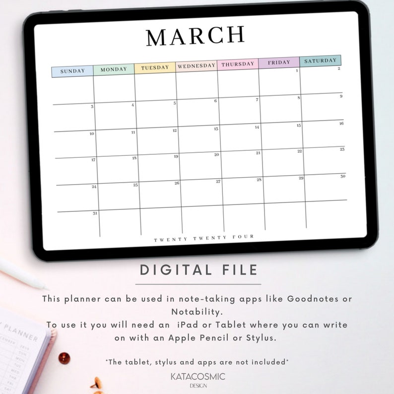 Digital 2024 Monthly Calendar for Goodnotes, Desk Calendar, Minimalist Calendar, 1 Page Notepad, iPad Year Calendar Template, Monday Start image 8