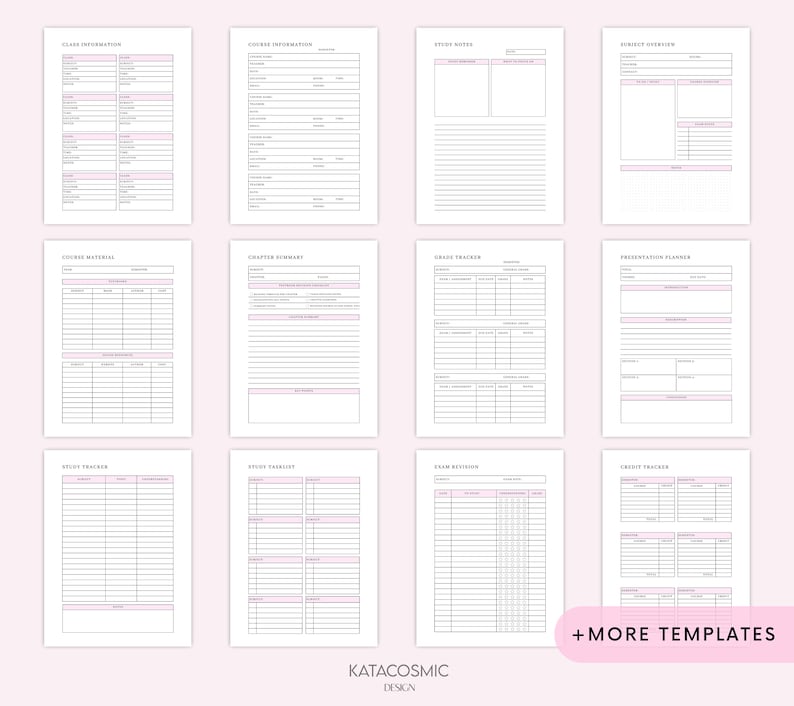 May include: Printable student planner with pages for class information, course materials, chapter summary, grade tracker, presentation planner, study tracker, study checklist, exam revision, and credit tracker. The planner has a pink and black colour scheme.
