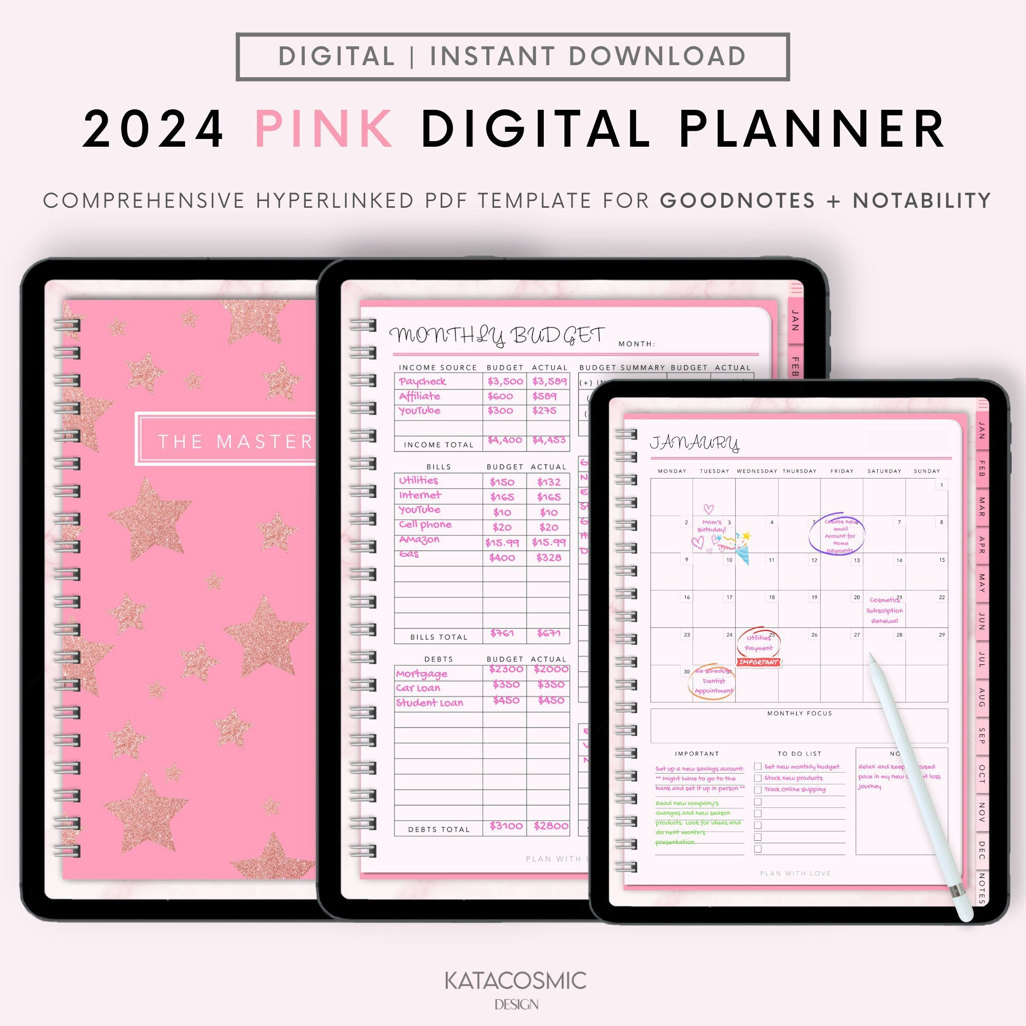 Rosa Digitaler Planner 2024, GoodNotes Planner, iPad Planer, Tagesplaner, Notability Planner, Android Planner tägliches digitales Notizbuch minimal