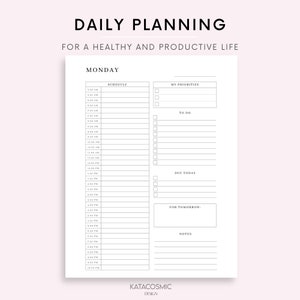 Op de afbeelding: Een printbare dagelijkse planner met een zwart-wit ontwerp. De planner heeft de titel "Dagelijkse planning voor een gezond en productief leven" en bevat secties voor "Schema", "Mijn prioriteiten", "Te doen", "Vandaag te doen", "Voor morgen" en "Notities".