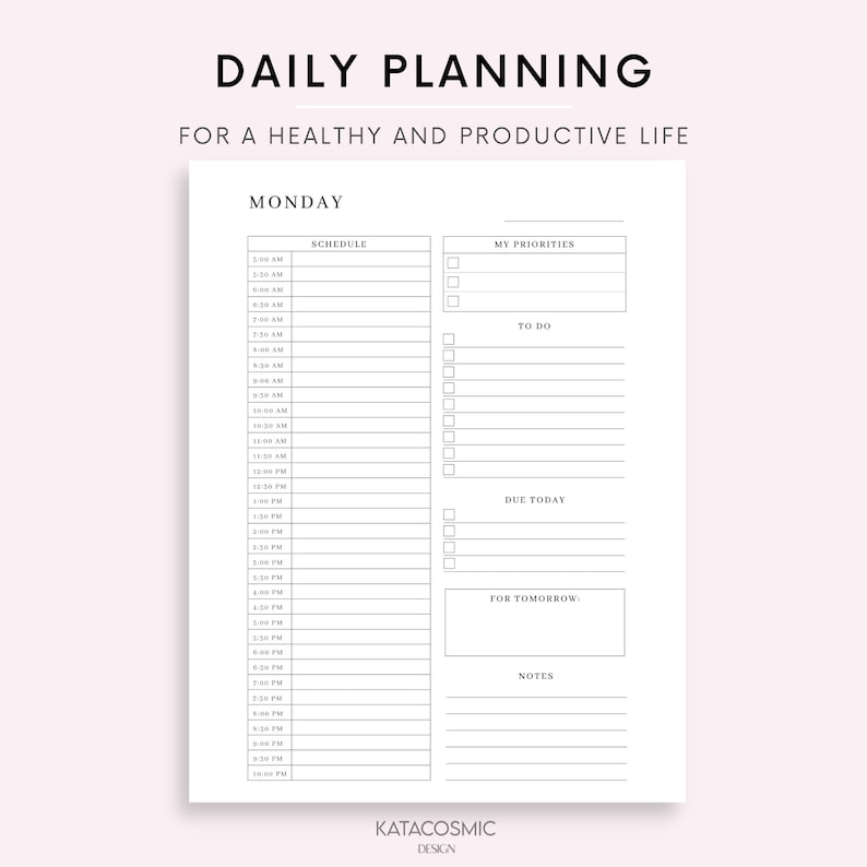 Op de afbeelding: Een printbare dagelijkse planner met een zwart-wit ontwerp. De planner heeft de titel "Dagelijkse planning voor een gezond en productief leven" en bevat secties voor "Schema", "Mijn prioriteiten", "Te doen", "Vandaag te doen", "Voor morgen" en "Notities".