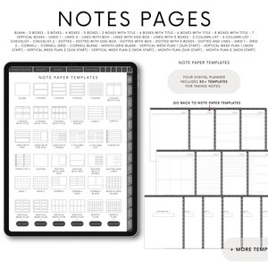 May include: A digital planner with 30+ note paper templates. The templates include blank pages, lined pages, grid pages, and Cornell note pages. The text on the screen reads "Your Digital Planner Includes 30+ Templates for Taking Notes".