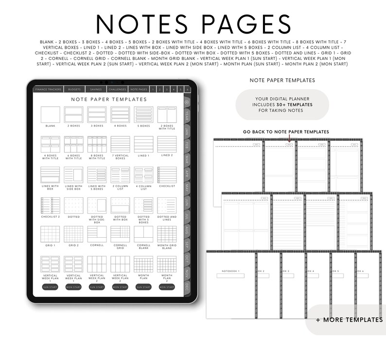 May include: A digital planner with 30+ note paper templates. The templates include blank pages, lined pages, grid pages, and Cornell note pages. The text on the screen reads "Your Digital Planner Includes 30+ Templates for Taking Notes".