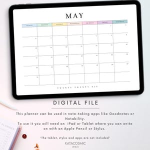 May include: Digital May calendar displayed on a tablet. The calendar grid is white with pastel-colored headers for each day of the week. The text "MAY" is at the top. The words "DIGITAL FILE" are below the calendar.