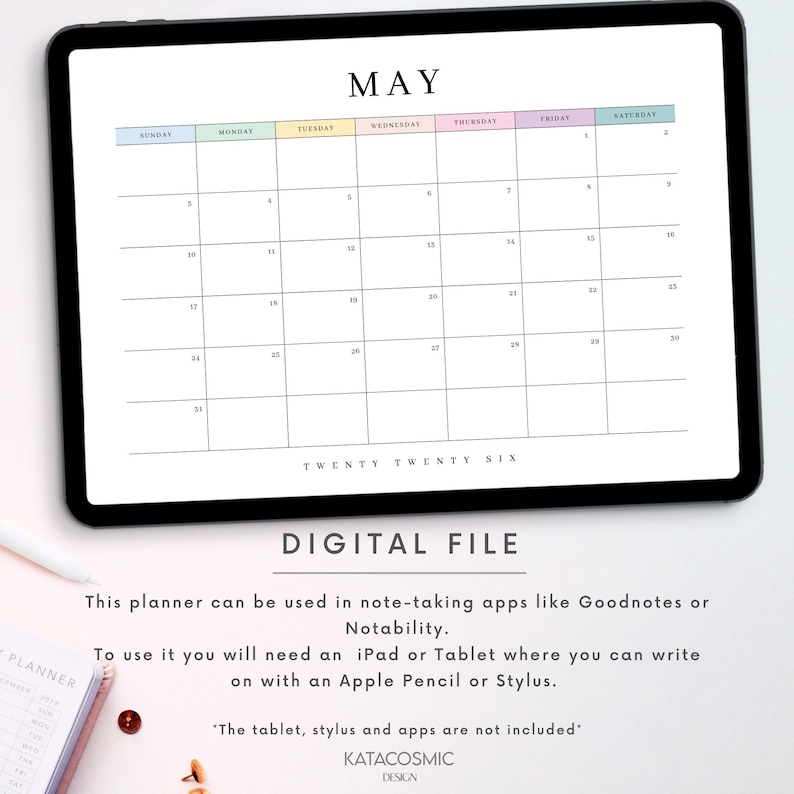 May include: Digital May calendar displayed on a tablet. The calendar grid is white with pastel-colored headers for each day of the week. The text "MAY" is at the top. The words "DIGITAL FILE" are below the calendar.