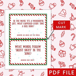 May include: Printable Christmas trivia game with red and green striped borders. The game features two questions with answers. The first question asks what happened every time a bell rang in the movie "It's a Wonderful Life". The second question asks what words follow "Silent Night" in the song. The game has a cut mark to separate the questions and answers.