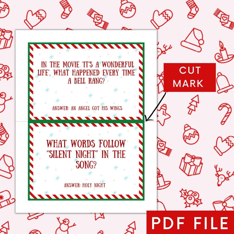 May include: Printable Christmas trivia game with red and green striped borders. The game features two questions with answers. The first question asks what happened every time a bell rang in the movie "It's a Wonderful Life". The second question asks what words follow "Silent Night" in the song. The game has a cut mark to separate the questions and answers.