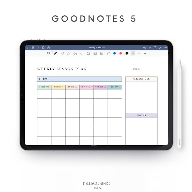 Puede incluir: Una plantilla de plan de lecci&oacute;n semanal para Goodnotes 5, una aplicaci&oacute;n de toma de notas digital. La plantilla incluye secciones para la semana, el tema, las asignaturas, los objetivos y las notas. Los d&iacute;as de la semana se enumeran en la parte superior y las asignaturas se enumeran en el lateral. La plantilla est&aacute; dise&ntilde;ada para ayudar a los profesores a planificar sus lecciones.