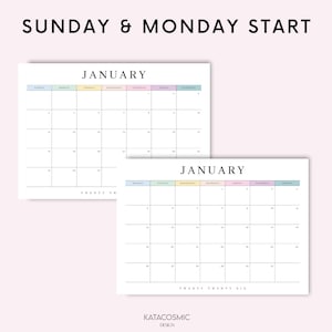 May include: Two white January calendars with pastel-colored headers. The calendars are labeled "Sunday & Monday Start" at the top. The text "January" is centered at the top of each calendar. The bottom of the calendars read "Twenty Twenty Six".