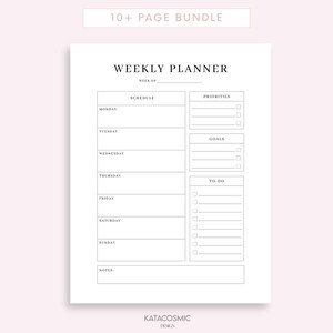 May include: A black and white printable weekly planner with sections for schedule, priorities, goals, to-do, and notes. The planner has a simple and minimalist design.