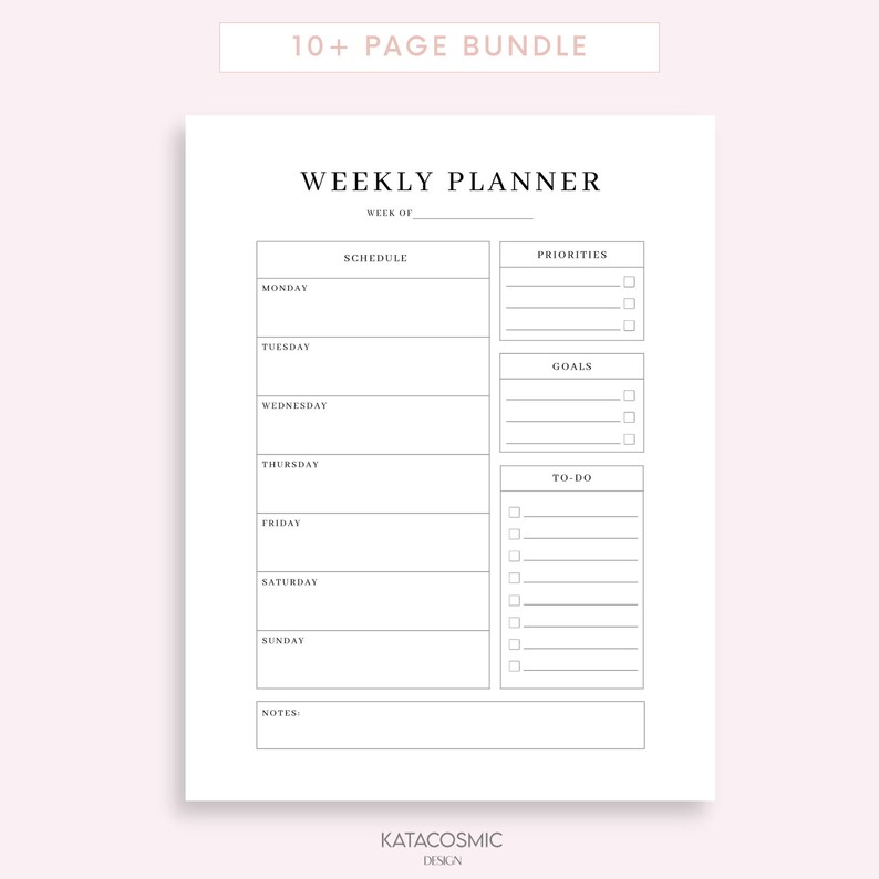 May include: A black and white printable weekly planner with sections for schedule, priorities, goals, to-do, and notes. The planner has a simple and minimalist design.