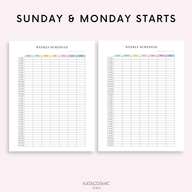 Peut inclure: Un planificateur hebdomadaire imprimable avec un sch&eacute;ma de couleurs bleu clair, rose et jaune. Le planificateur est con&ccedil;u pour une semaine qui commence le dimanche et se termine le samedi. Le planificateur comprend des cr&eacute;neaux horaires de 5h00 &agrave; 23h30.